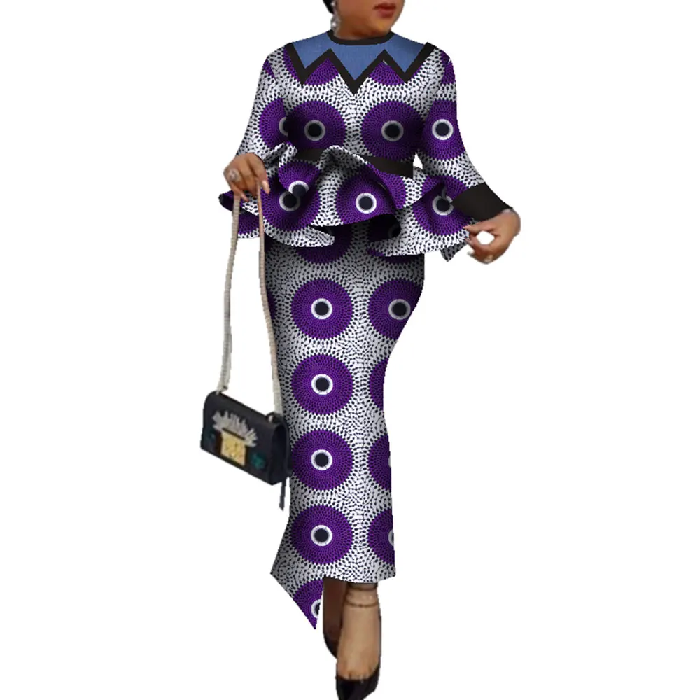 Afrikaanse Print Kleding Vrouwen Afrikaanse Outift 2 Delige Set Ruches Tops En Rok Vrouwen Rokken Suit Party Dress Custom Made WY6139