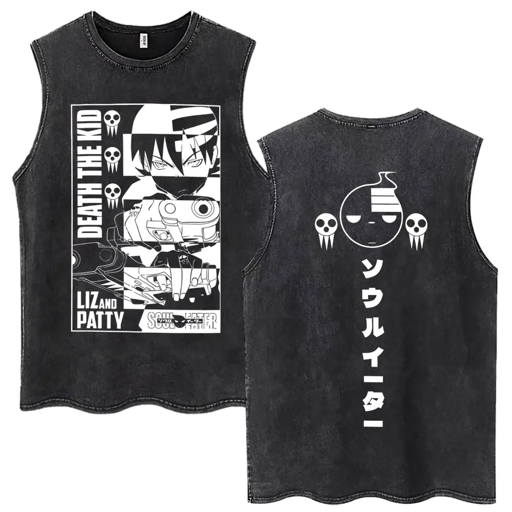 Washed Anime Soul Eater Death The Kid Tank Tops Men Women Harajuku Vintage Sleeveless Vests Oversized 100% Cotton Casual T-shirt