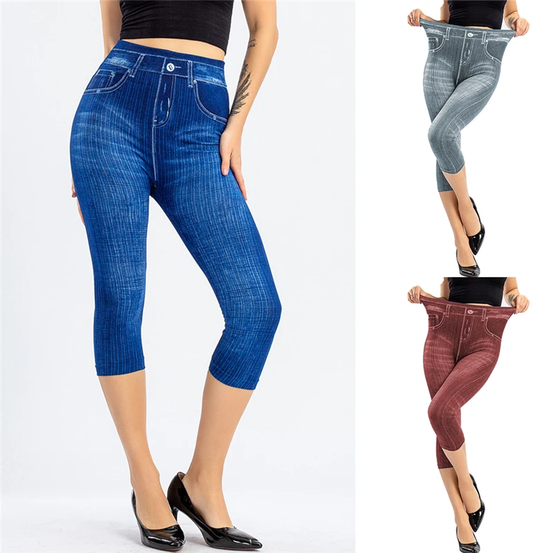 Damskie jeansowe legginsy z nadrukami modne legginsy imitacja dżinsów legginsy Stretch drukowane krótkie legginsy letnie ubrania