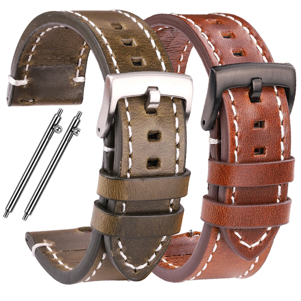 Oil Wax Cow Leather Watchband Bracelet Women Men Belt For Huawei Amazfit Samsung Galaxy Watch 4 Strap 18mm 20mm 22mm 24mm Band