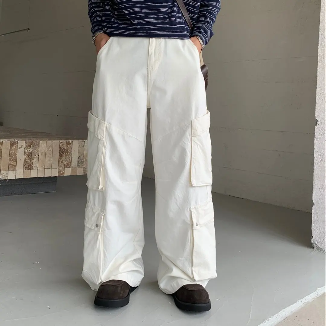 White Baggy Jeans Men Streetwear Vibe Vintage Fashion Loose Casual Wide Leg Multi-pocket Straight Cargo Jeans Pants Trousers