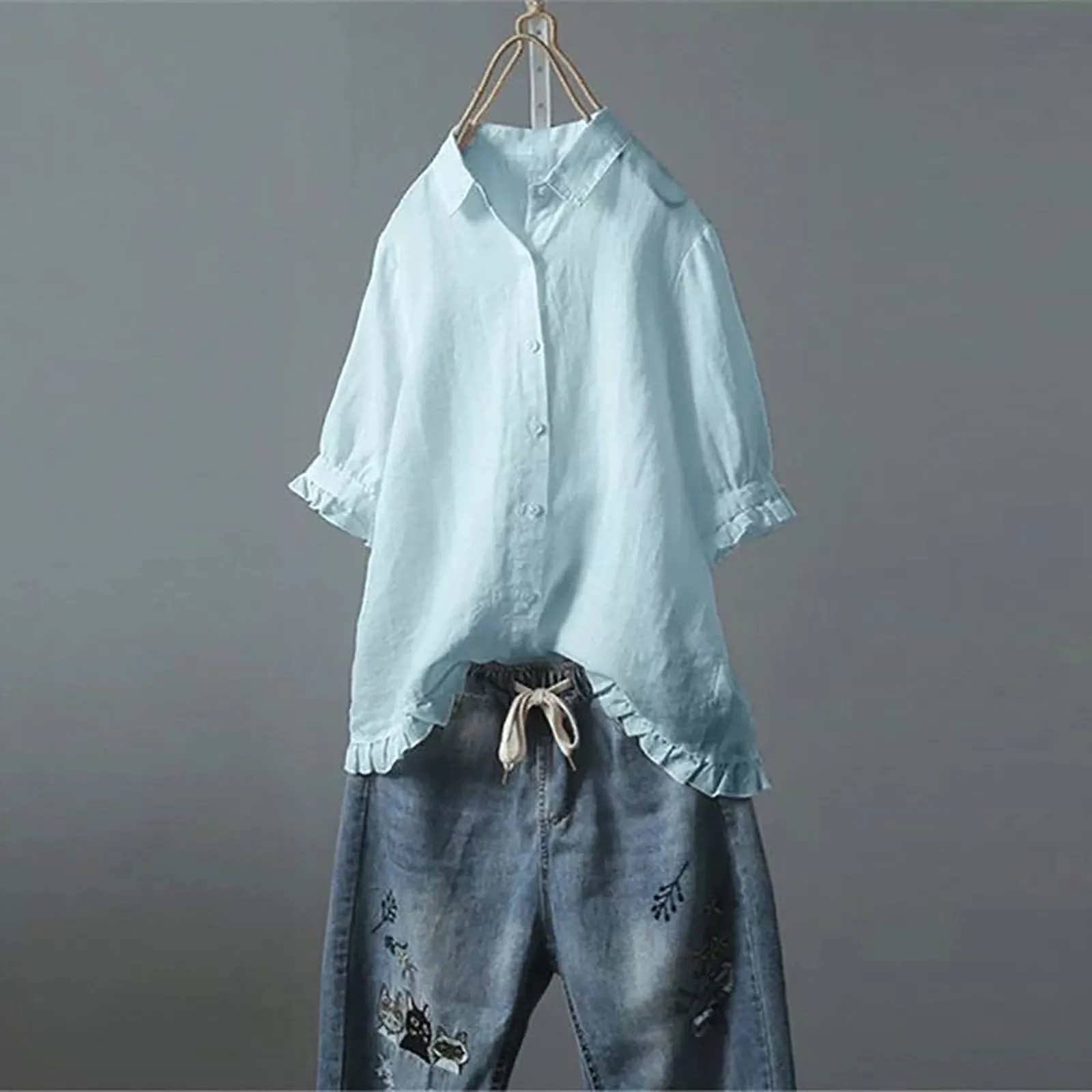 

Women's Shirt Summer Fashion Ruffle Hem Cotton Linen Shirt Tops Solid Color Casual Loose Single Breasted Short Sleeve Tops Shirt