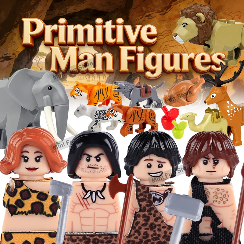 Medieval UV Printed Primitive Figures Building Blocks Warrior Axe African Animal Elephant Lion Tiger Camel DIY Bricks Toys Gifts
