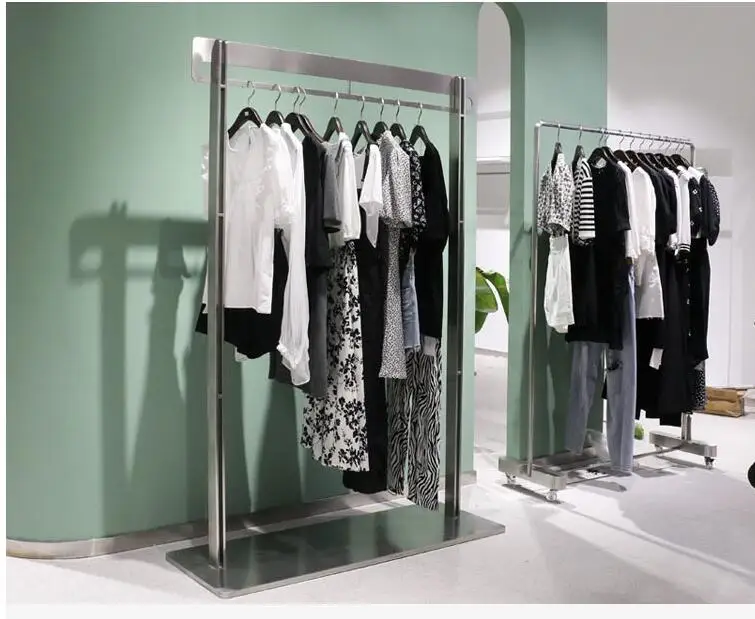 

High-end silver clothing store display rack indoor stainless steel brushed hangers