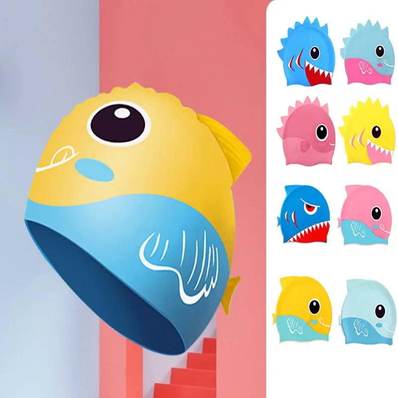 Cartoon Cute Fish Shark Shape Silicone Swimming Cap for Children Protect Ears Swim Hat for Boys Girls Swimming Pool Accessories