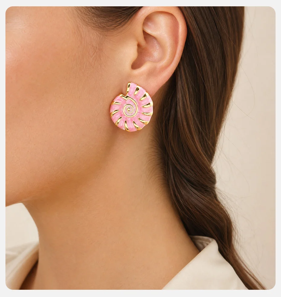 Vnox Ozean-Stil Kreative Muschel-Ohrstecker mit farbigem Emaille für Damen, vergoldet, Tropfenöl-Muschel-Ohrringe, Boho-Strandschmuck – Detail 4