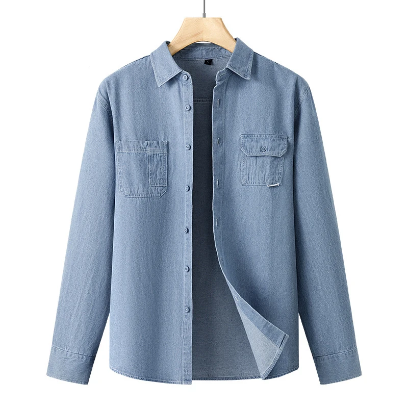 Fashion Pockets Long Sleeved Denim Shirts for Man 2025 New Single Breasted Lapel Collar Casual Jean Shirt Tops