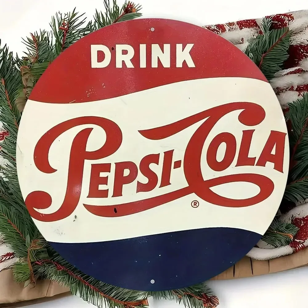 Vintage Drink Pepsi-Cola Round Metal Wall Art, Retro Soda Brand Decorative Tin Sign, Rustic Classic Cola Advertising Themed Meta