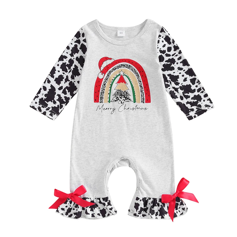 

Baby Girls Flared Romper Christmas Rainbow Print Long Sleeve Jumpsuits for Newborn Infant Toddler Cute Clothes