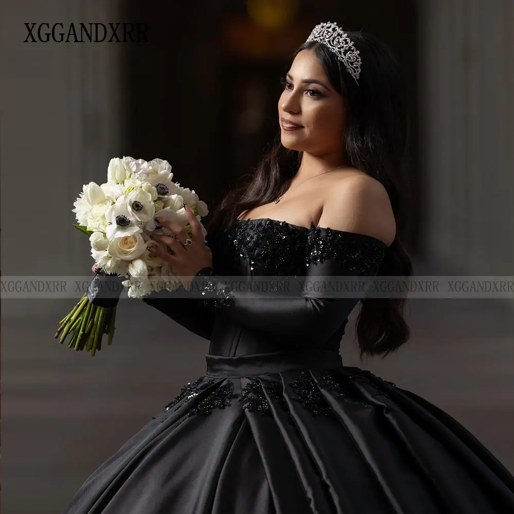 New In Long Sleeves Black Ball Gown Quinceanera Dress 2023 Long Train Sweet 15 16 Yearls Birthday Party Vestidos De XV Años