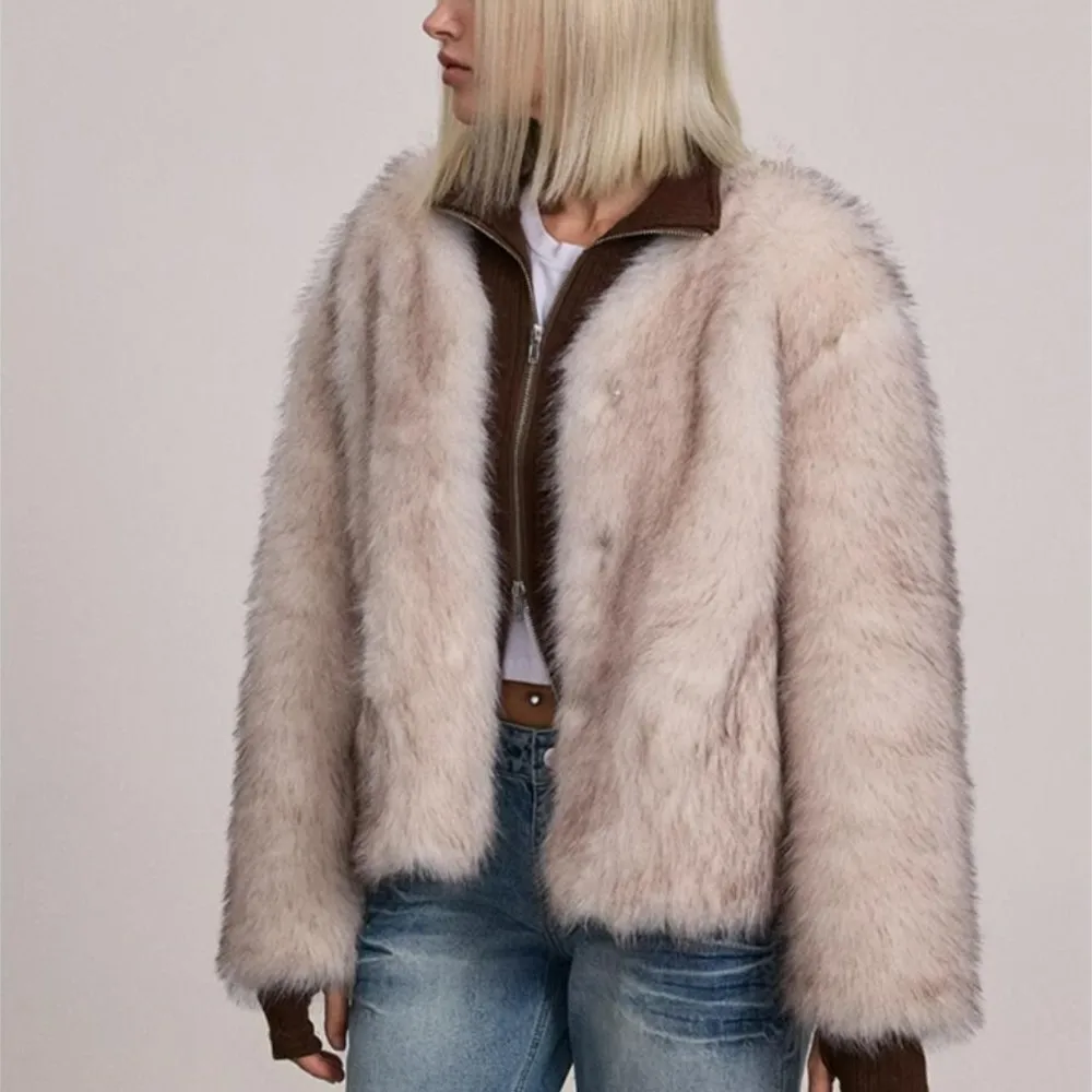 2024 Winter Milky Gradient Hairy Shaggy Fox Faux Fur Coat Full sleeve Furry Women V neck Covered Buttons Loose Furry Outerwear