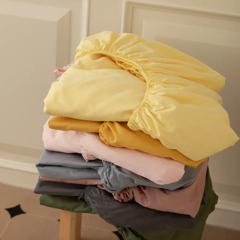 Washed Cotton Mattress Covers with Elastic Band Solid Color Fitted Sheet Soft Comfort Mattress Protector Queen King Size Bed 1pc