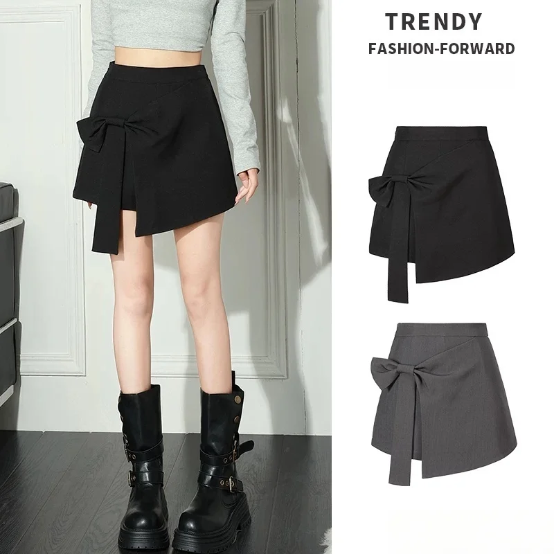 Women High Waist Bow Skort Asymmetrical Wrap Mini Skirt Built-in Shorts Trendy Casual Streetwear Black Gray