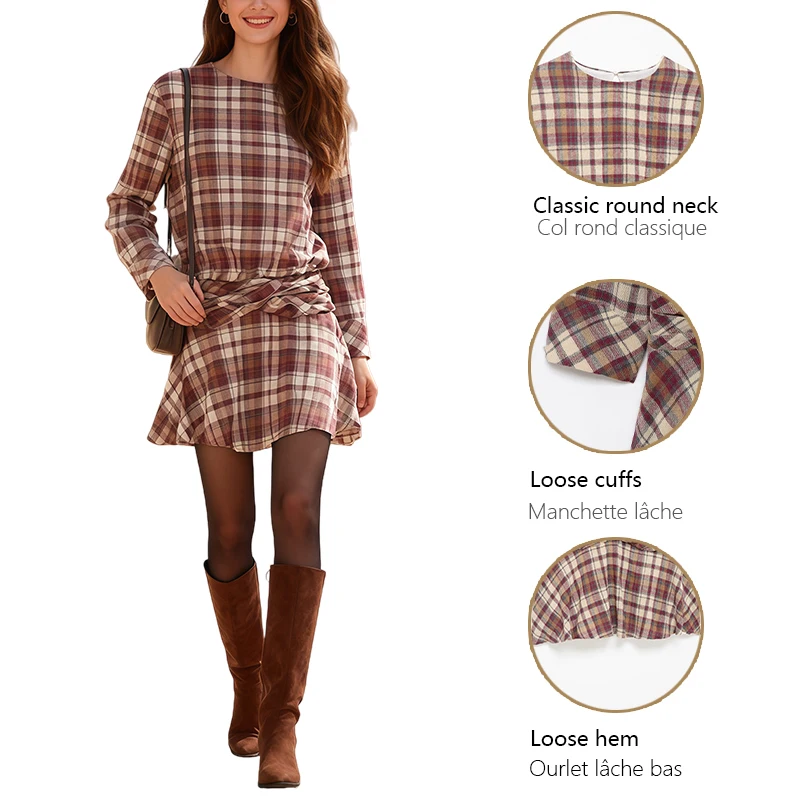 2025 Nuovo abbigliamento invernale da donna, abito scozzese con vita increspata - Linea ad A in stile college retrò con accenti arricciati.