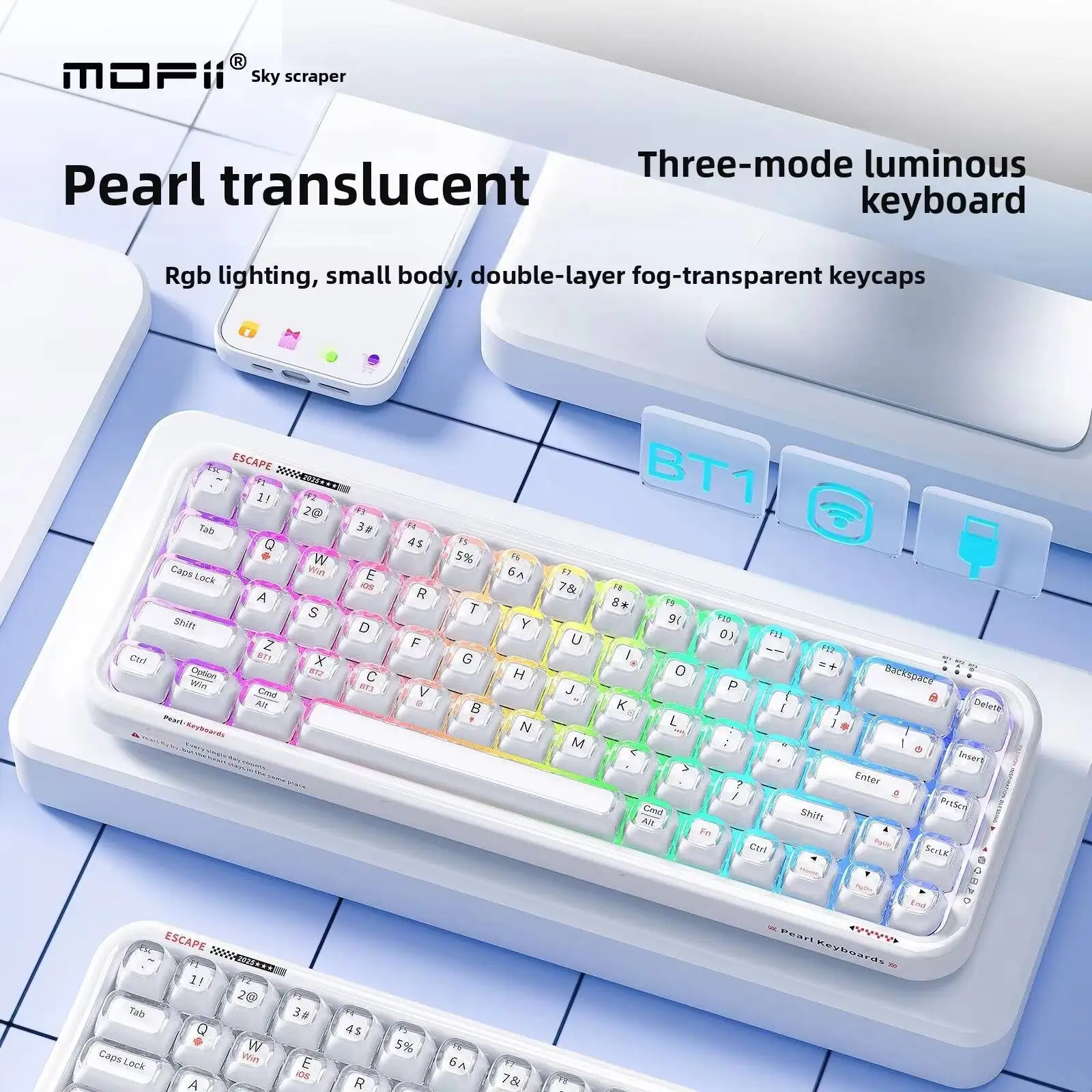68-KeyBluetooth+2.4Ghz + Wried Rechargeable Gaming Keyboard Tri-Mode Translucent RGB Backlit Keyboard For Laptop Desktop Tablet