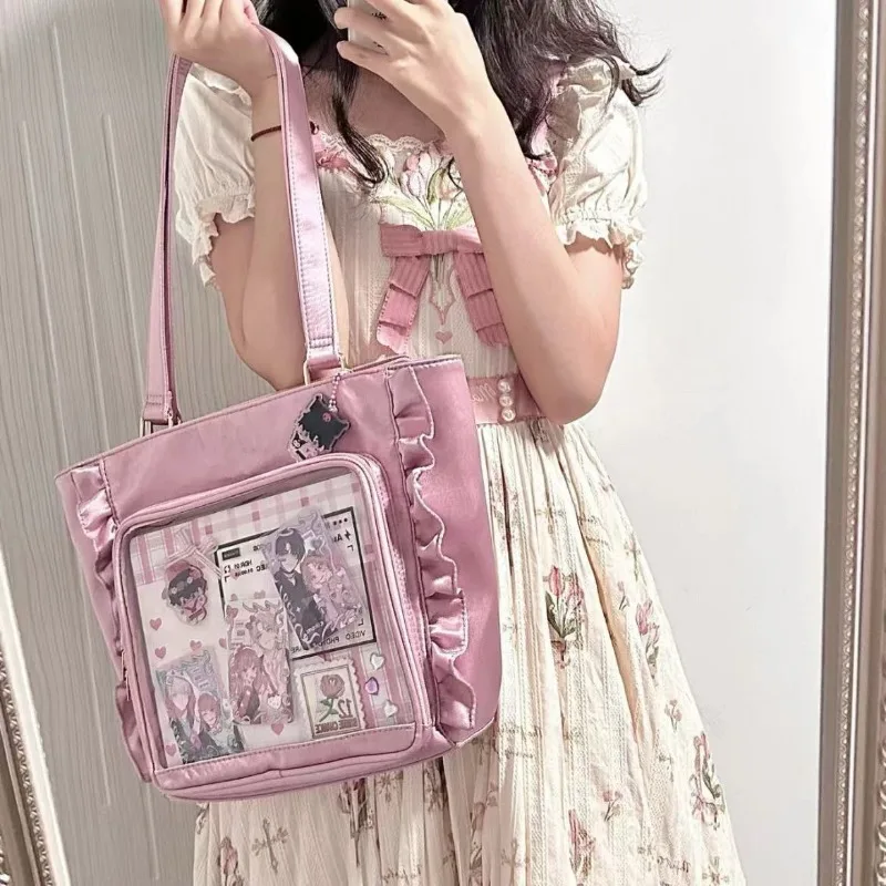 2024 New Lolita Women Ita Bags Aesthetic DIY Anime Badge Underarm Shoulder Bags Fashion Sweetly Nylon Ruffled Tote Bolso Mujer