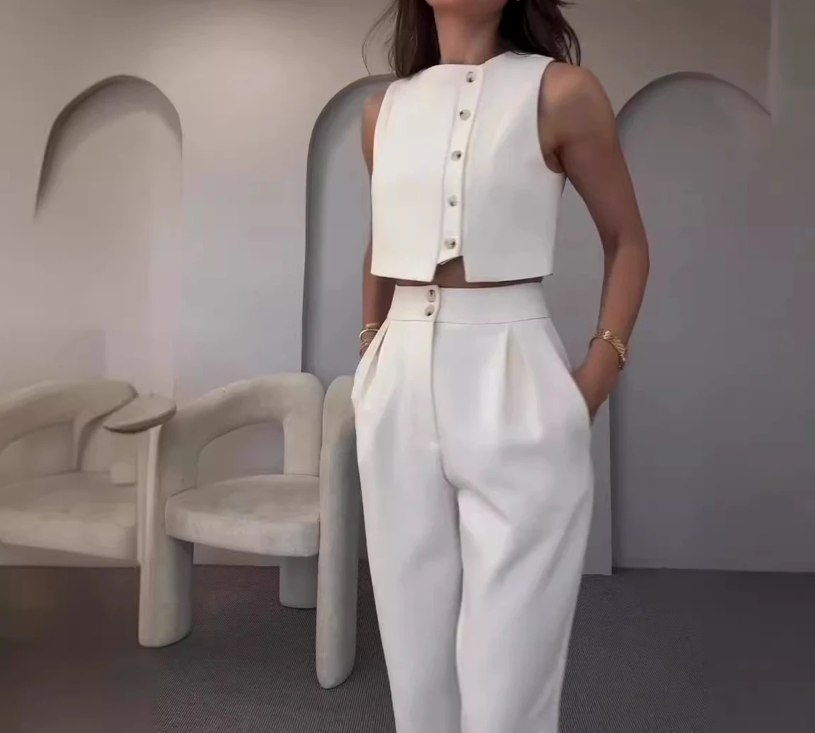 Conjunto de 2 piezas para mujer, Top sin mangas, pantalones de pierna recta de cintura alta, traje de Color sólido Y2k, novedad de verano 2024