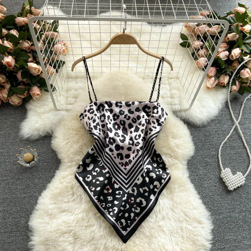European American Tops Women's Design Sense Niche Printing Belly Pocket Heart Machine Backless Knotted Slim Versatile Sling Vest