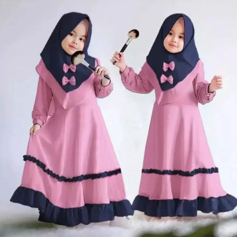 

Islamic Kids Dresses Eid Ramadan Prayer Robes Children Spring Autumn Girls Long Sleeve Abaya Lace Dress+Headscarf Two-piece