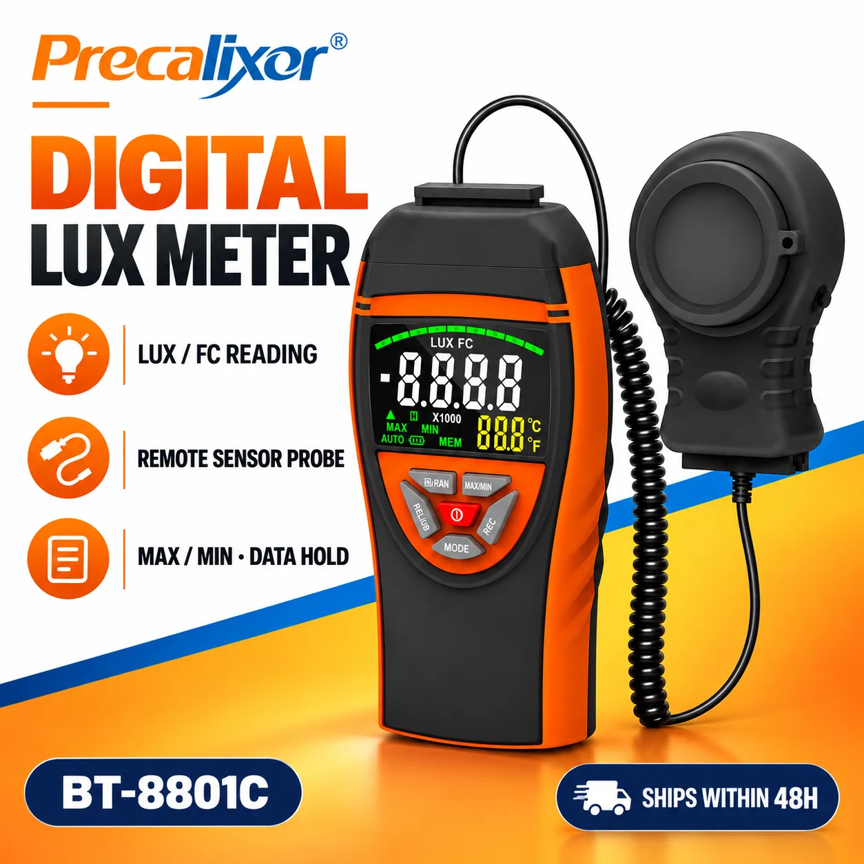 Digital Lux Meter 0.1~400,000Lux Lighting Meter Lux Meter Illuminance Light Meter with Extendable Light Detector up to 2 Metres