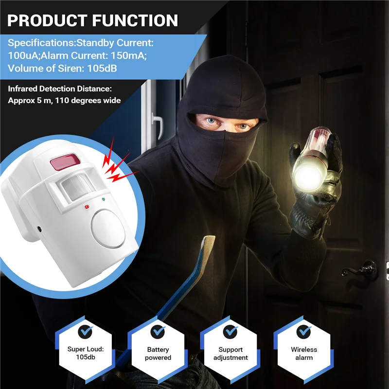 AC56-Infrared Motion Sensor Alarm - Burglar Alarm With 2 Remote Controls, Suitable For Home/Garages/Shops