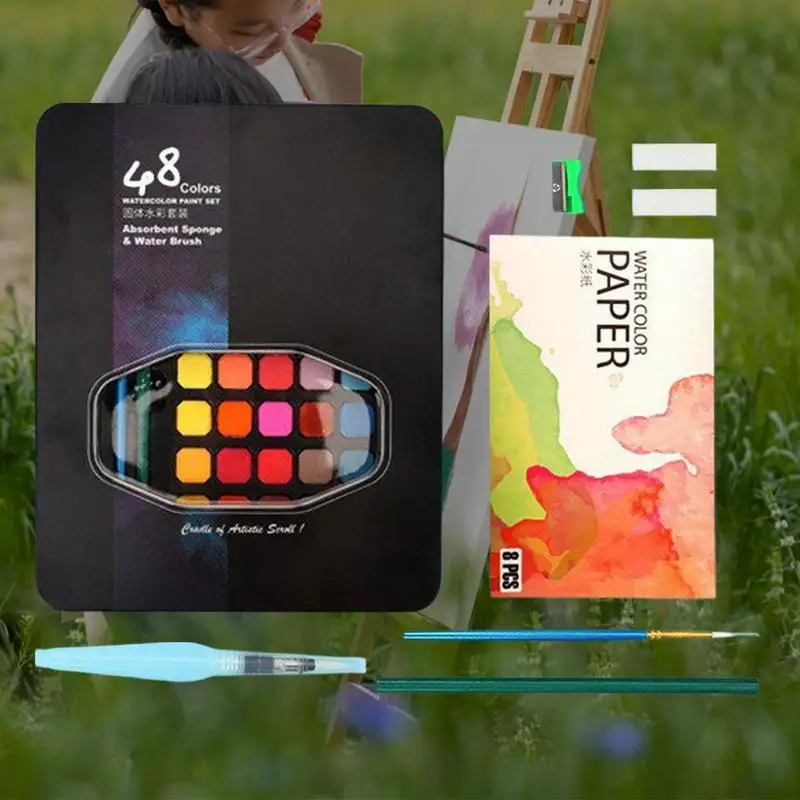 Juego de pintura de acuarela para adolescentes, juego de pinturas de acuarela de 48 colores, paleta de bocetos, Kit de arte de viaje, suministros de pintura para adultos