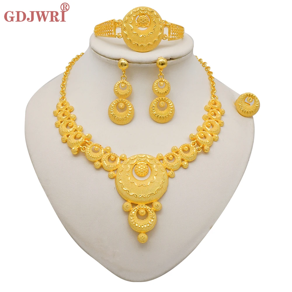 African Round Necklace Bracelets Earing Ring Sets Nigerian Jewelry Set Ethiopian Dubai Gold Color Jewellery Set Party Gifts