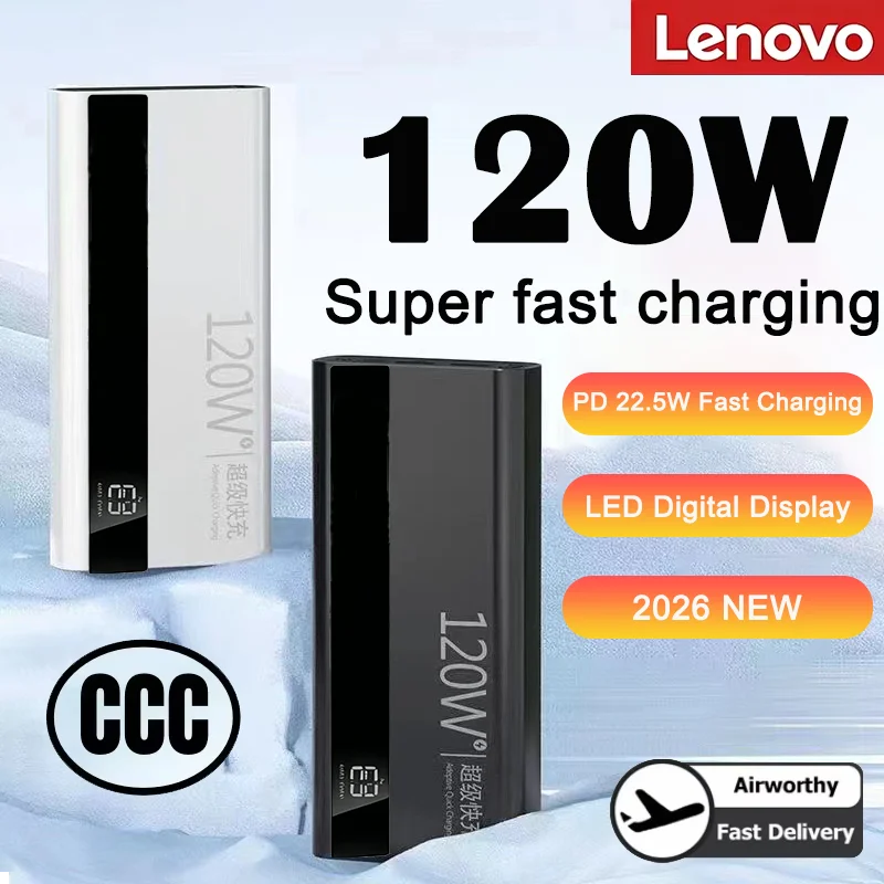 Lenovo 2026 1000000mAh Large Capacity Power Bank 120W Fast Charging Digital Display Outdoor Power Supply for Huawei iPhone