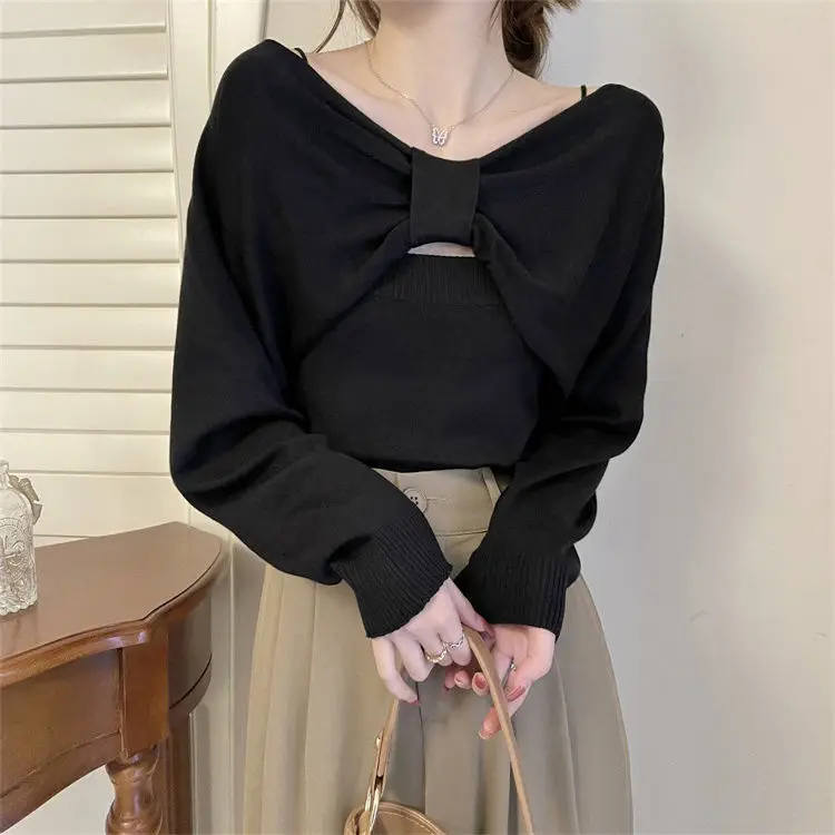 Bow One Shoulder Sweater Long Sleeve Knitted Shirt Women\'s Short Style High End Interior Top