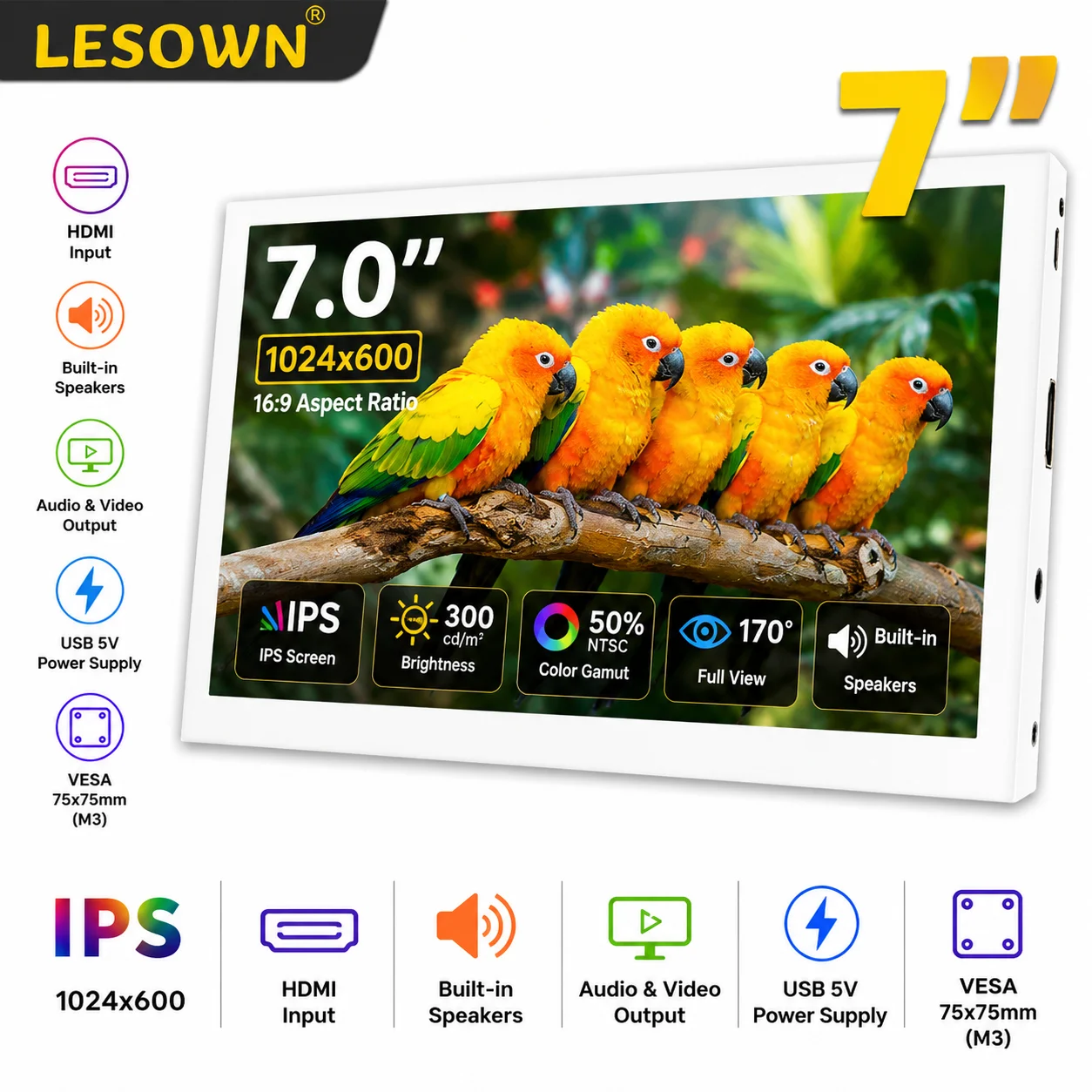 LESOWN Plug and Play 7 Inch Display White PC Case Secondary Monitor AIDA64 CPU GPU Temperature Screen HDTV VESA