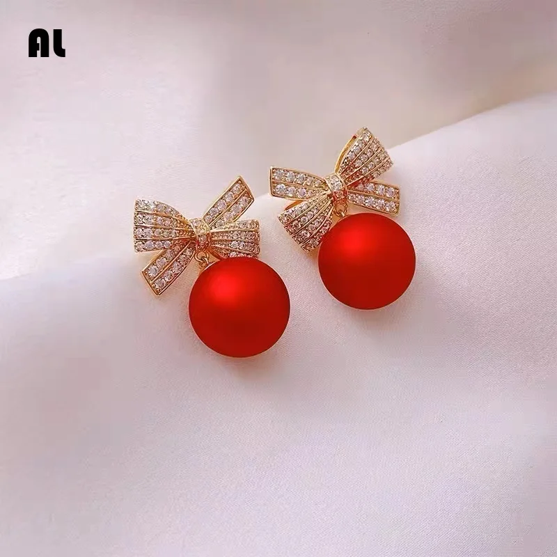 

Korean Fashion 925 Silver Needle Crystal Bow Red Bead Drop Earrings for Women Jewelry Trending Pearl Earrings