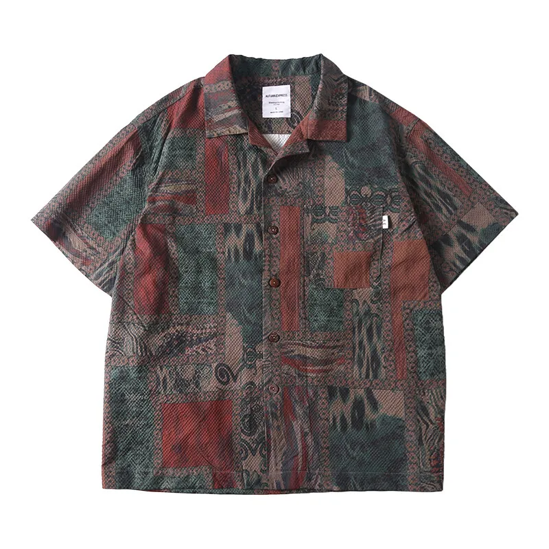Men Summer Cool Seersucker Cuban Collar Printed Loose Casual Short Sleeve Beach Shirt Unisex Streetwear Vintage Shirts Blouses