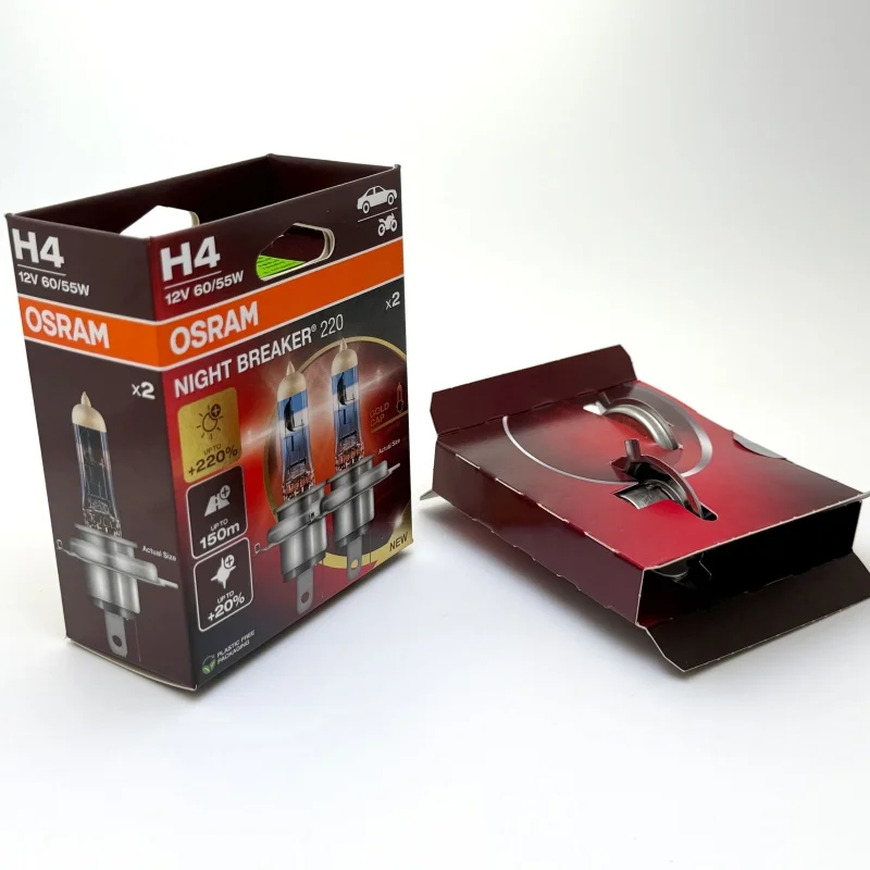 Lâmpadas Automotivas OSRAM Night Breaker 220 H4 H7 Halógenas +220% de Potência Brilhante +150m de Feixe Longo Luz Original 12V Alemanha, 2x
