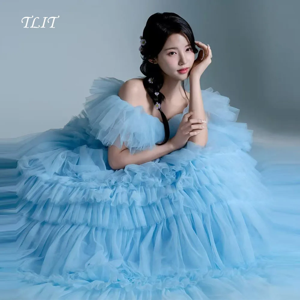 

TLIT 2025 Fairy Blue Soft Tulle Tiered Evening Dresses Off the Shoulder Prom Gowns Korea Wedding Dress Photo Shoot Customized