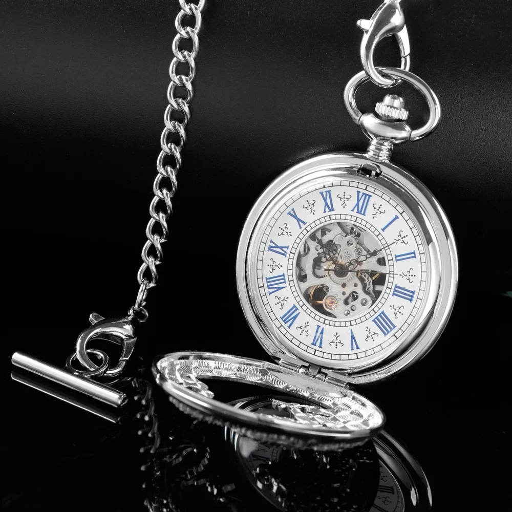 Silver-White Flying Dragon Sculpture Mechanical Pocket Watch Hollow-Out Case Analog Skeleton Men's Mechanical Pocket Watch