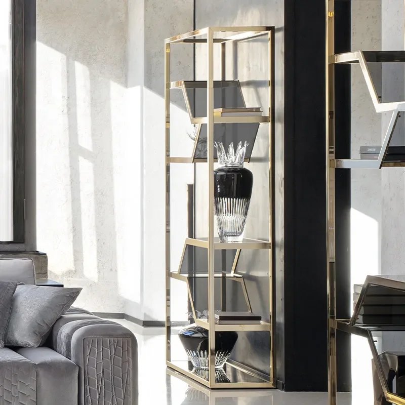 BJ Italian Luxury Stainless Steel Bookshelf Wall-Mounted Tempered Glass Shelves Display Rack For Living Room Office Partition