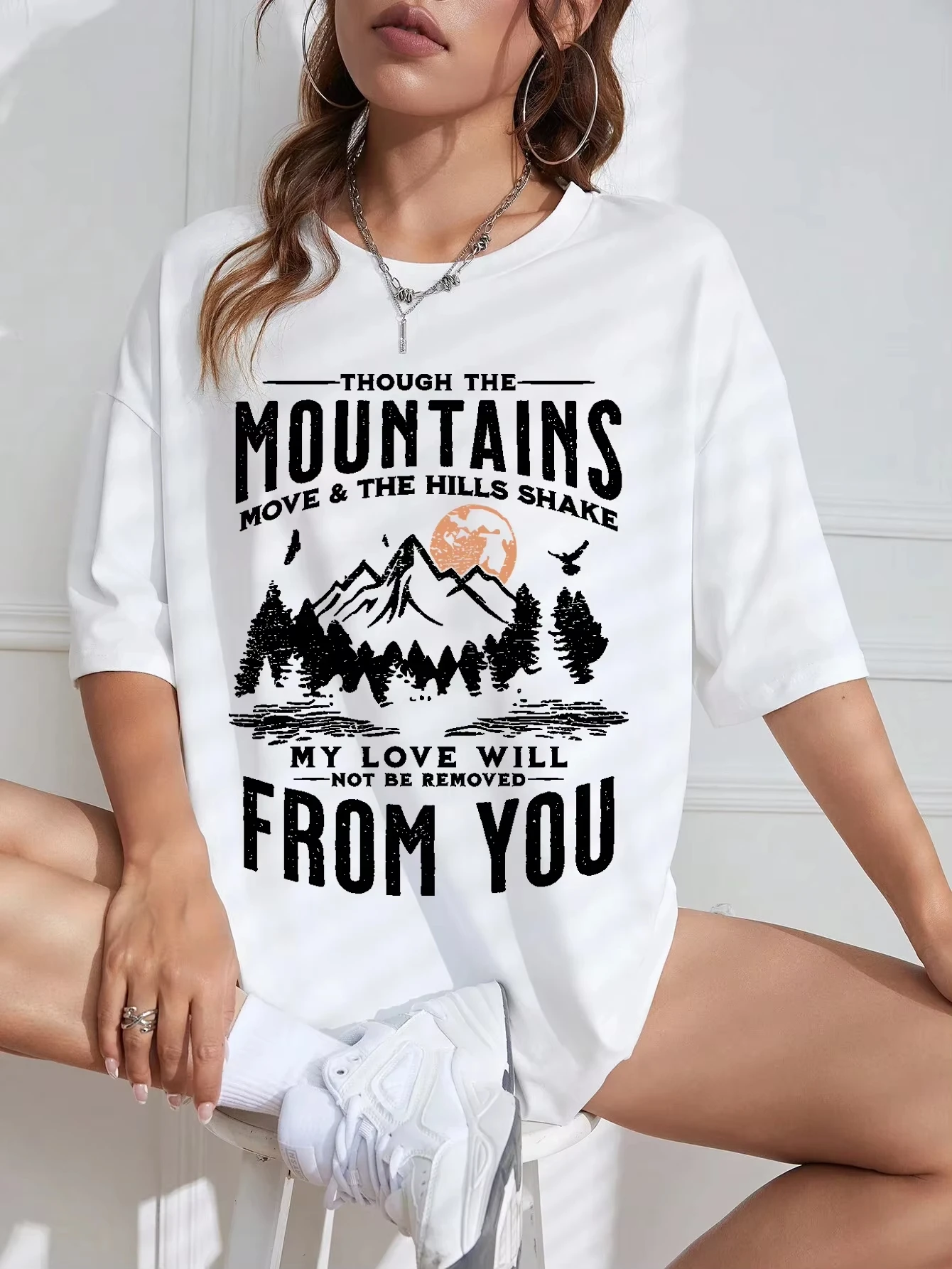 Christian Mountain T Shirt Women Bible Verse Graphic Tee Though The Mountains Move Isaiah 54:10 Faith Summer Short Sleeve Top