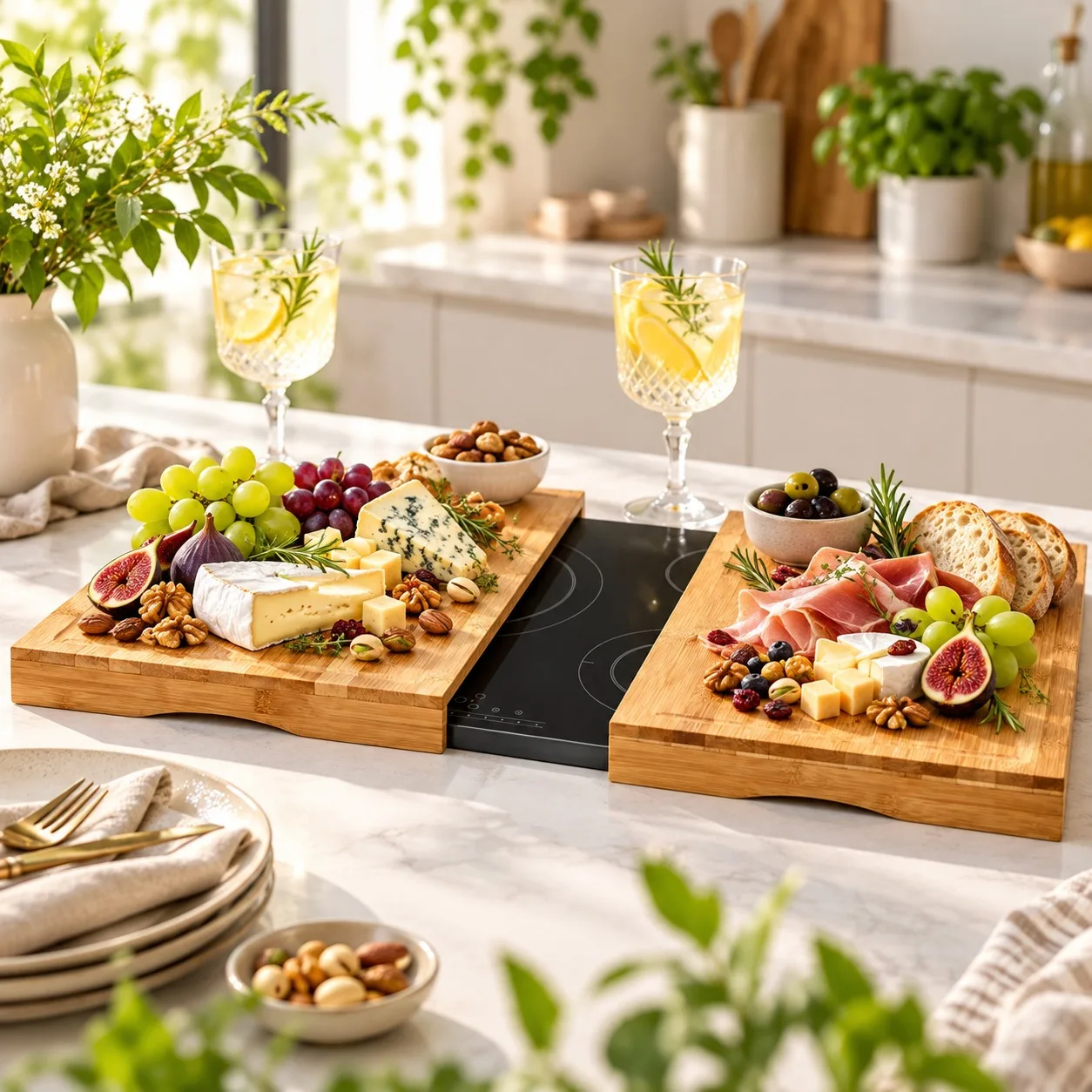Juego de 2 tablas de cortar de bambú natural para cubrir la encimera de la cocina, con ranura para recoger el jugo, dimensiones: 28 x 27 x 4 cm por unidad.