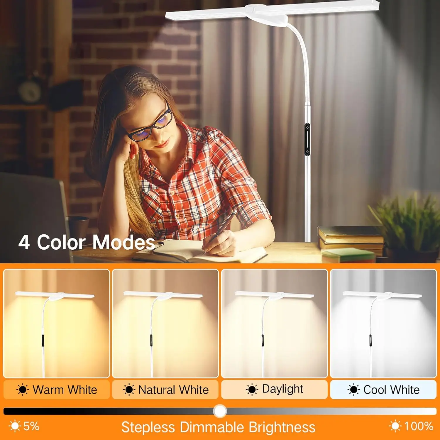 Outon Led Floor Lamp With Double Head, 18W 1800Lm, Super Wide & Bright, Height Adjustable, Remote & Touch Control, Memory