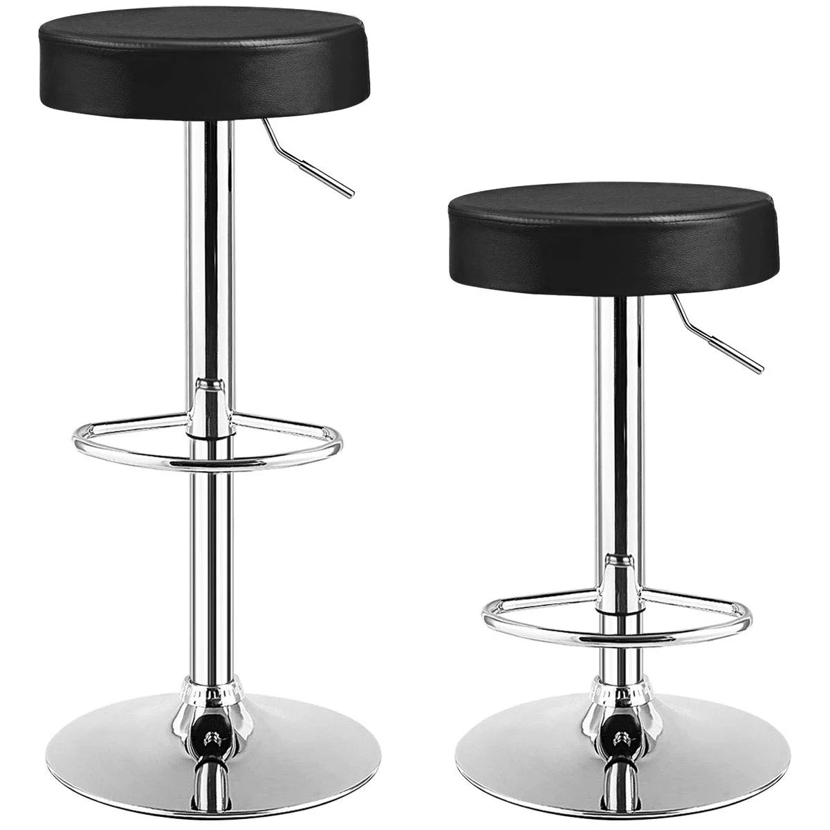 Bar Stools Set of 2, Swivel Round Backless Barstool, PU Leather Armless Adjustable Height Chair, Chrome Footrest, Black