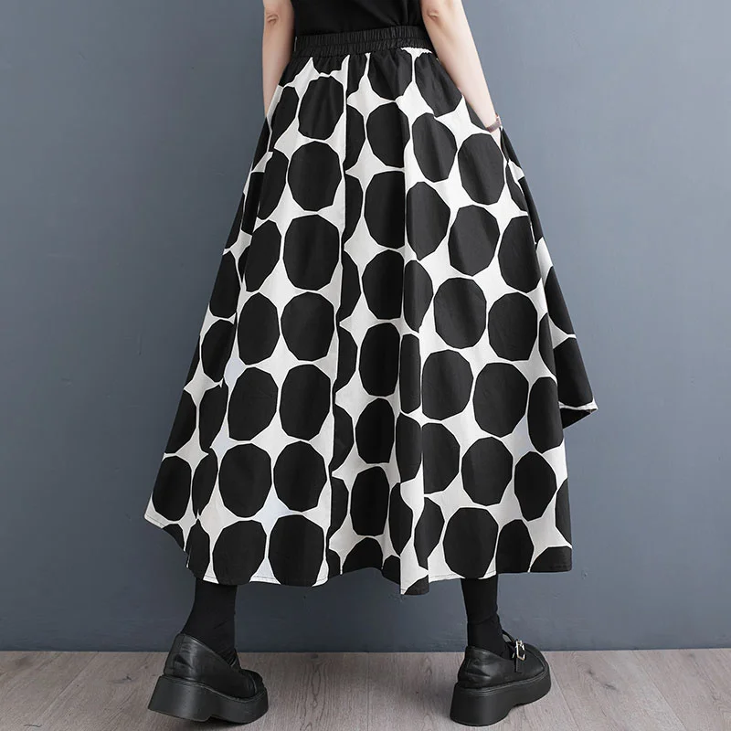 #3005 Black Polka Dot Print A-line Skirts Women Asymmetrical Vintage High Waisted Skirts Female Gothic Loose Midi Skirts Pockets