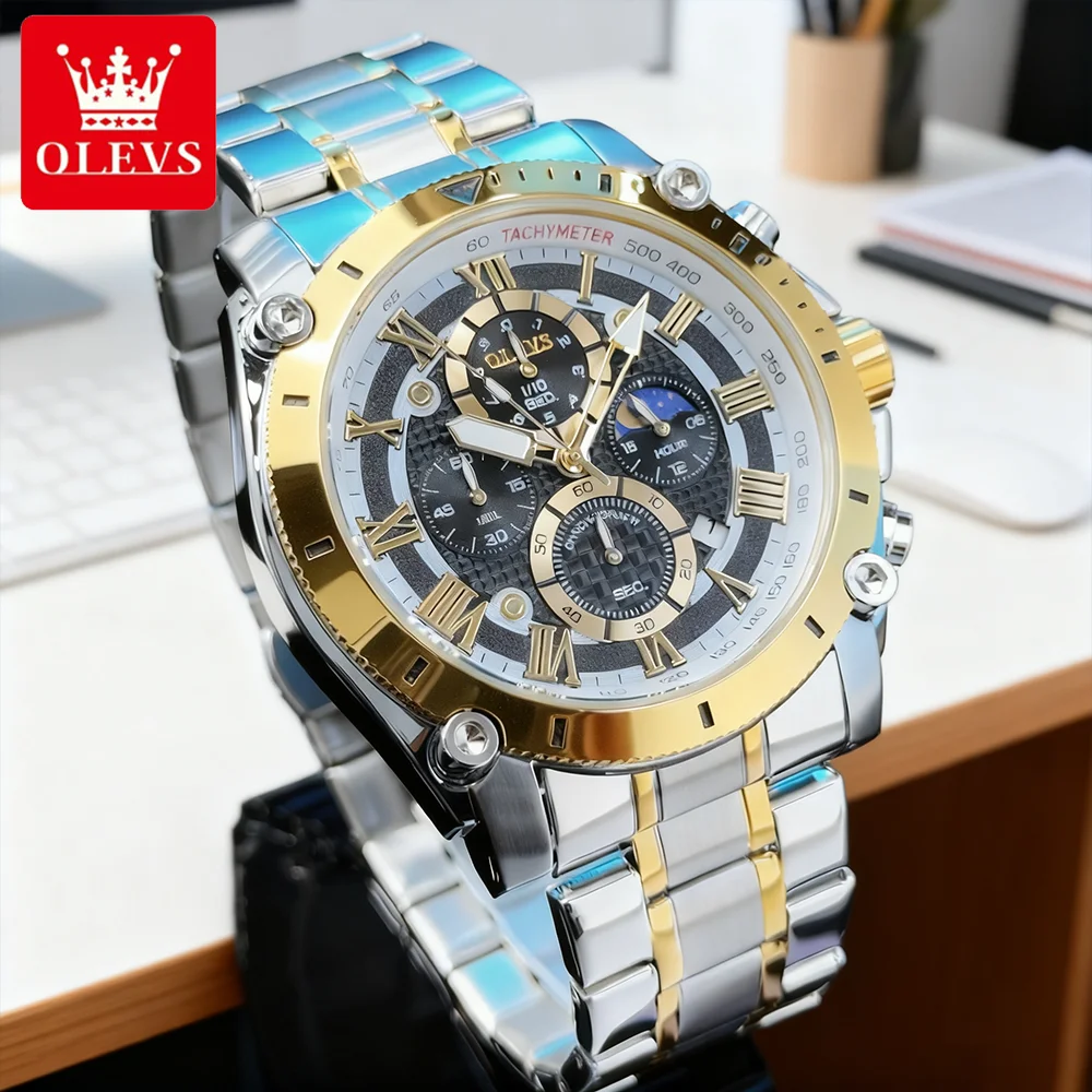 OLEVS Men's Watches Sport Fashion Multi-functional Fine Steel Chronograph Original Quartz Wristwatch Waterproof Moon Phase Date