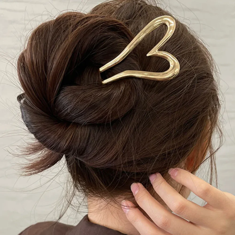 Korean Hair Accessories Metal U Shape Hairpins For Women Girls Silver Gold Color Headwear Simple Heart Shaped Hair Sticks Gifts
