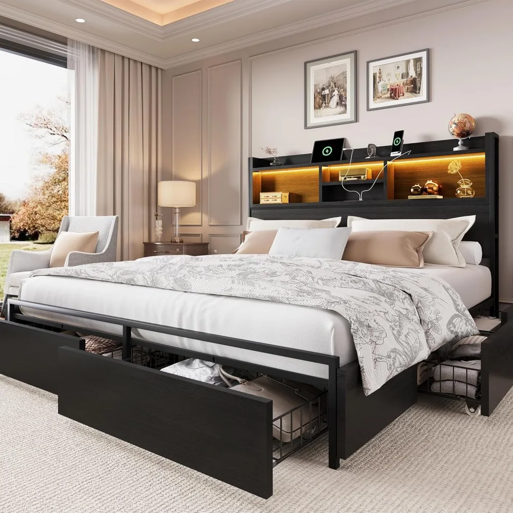 

King Size Bed Frame with 6 Storage Drawers and Headboard Wooden Platform Bed Frame with LED Lights and Charging Station