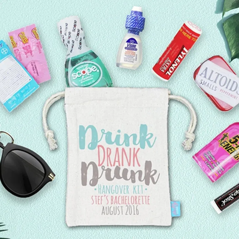 20 Pcs Drink Drank Drunk Hangover Kit Bachelorette Party Hangover Kit- Heavy Weight Cotton Canvas Double Drawstring Mini Favor