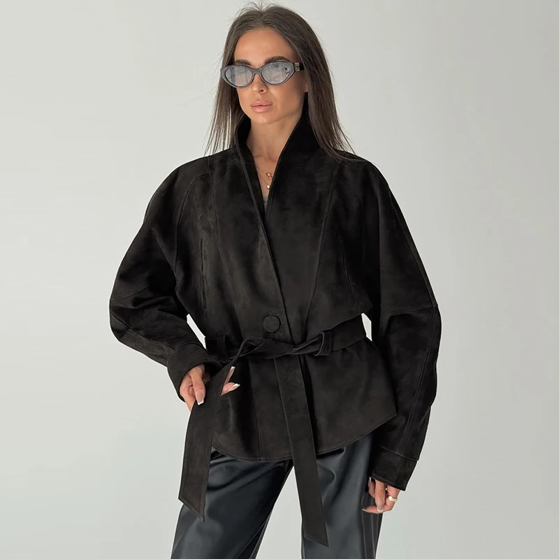 

High Street замшевая куртка женская осенняя с длинным рукавом с v-образным вырезом и поясом повседневное пальто 2025 новые повседневные винтажные шикарные женские куртки