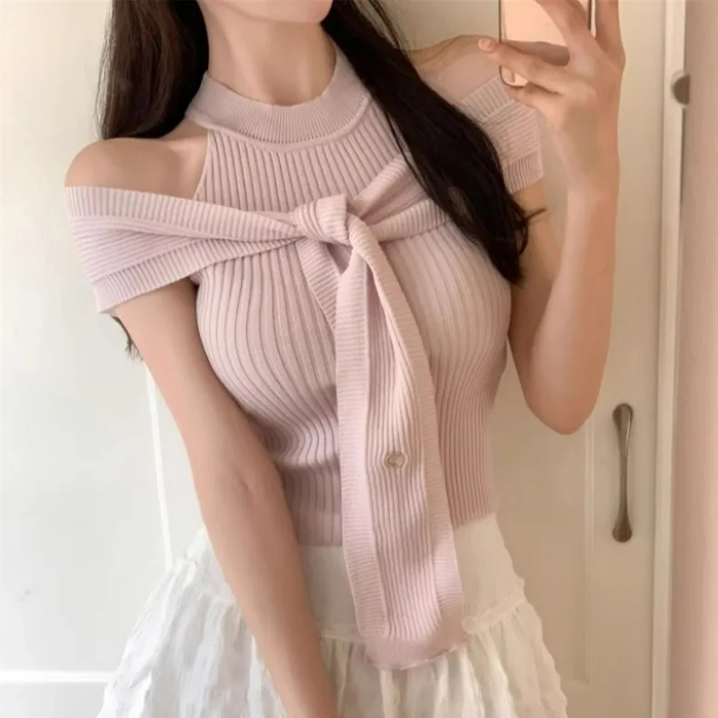 

Новый женский вязаный жилет Dongda Gate: сексуальный, облегающий, с завязками на шее, комплект из двух предметов, универсальный, модный, с накидкой на плечи, для повседневной носки