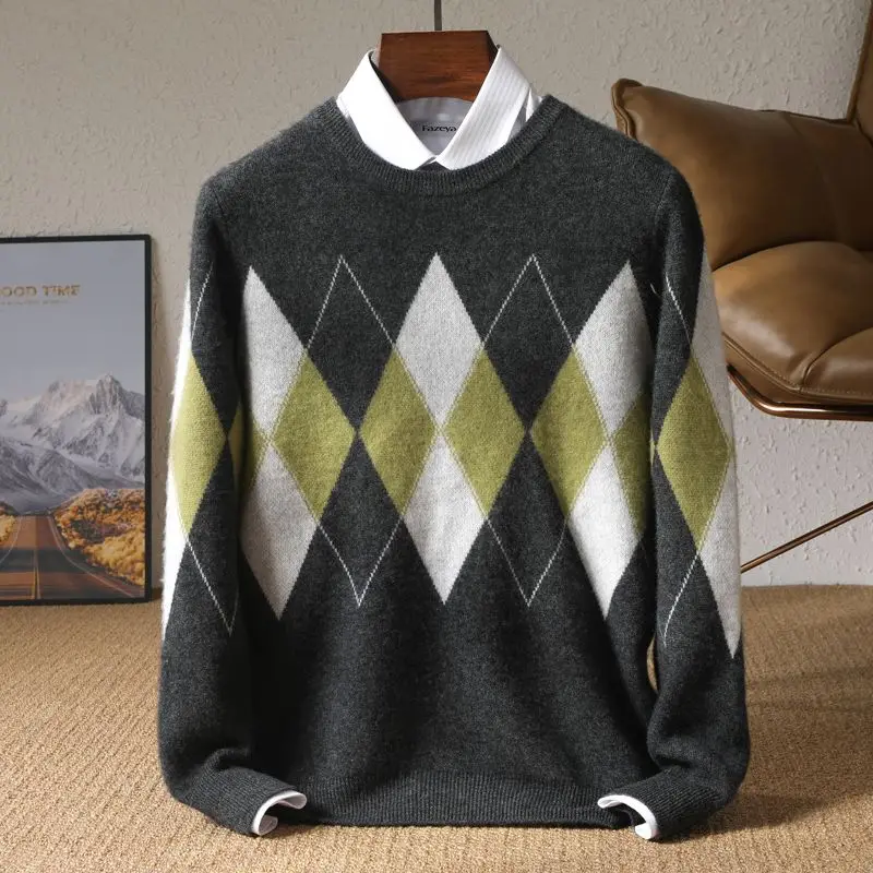 Men's Wool Blend Argyle Color Block Pullover Round Neck Sweater Autumn Winter Thick Loose Knit Top