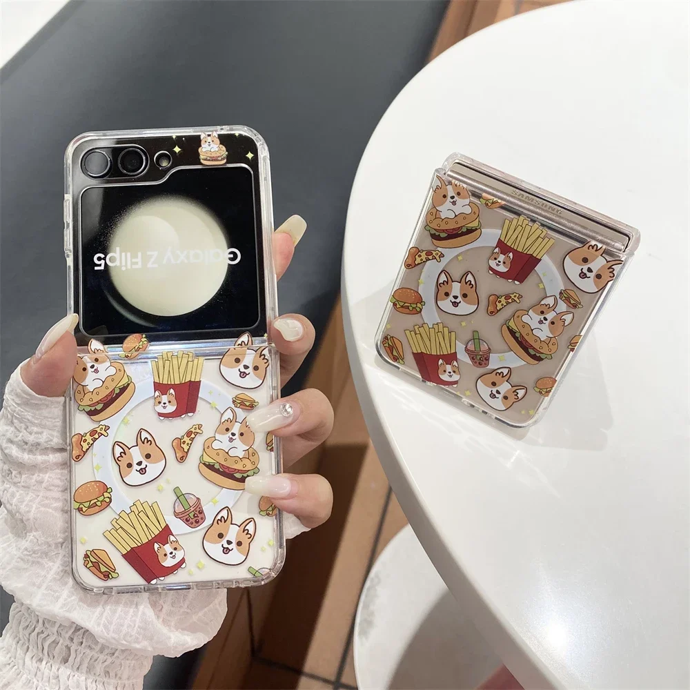 French Fries Shiba Inu Magsafe Magnetic Bracket Phone Case for Samsung Galaxy Z Flip 3 4 5 6 Z Fold 5 5G PC Hard Back Cover Gift