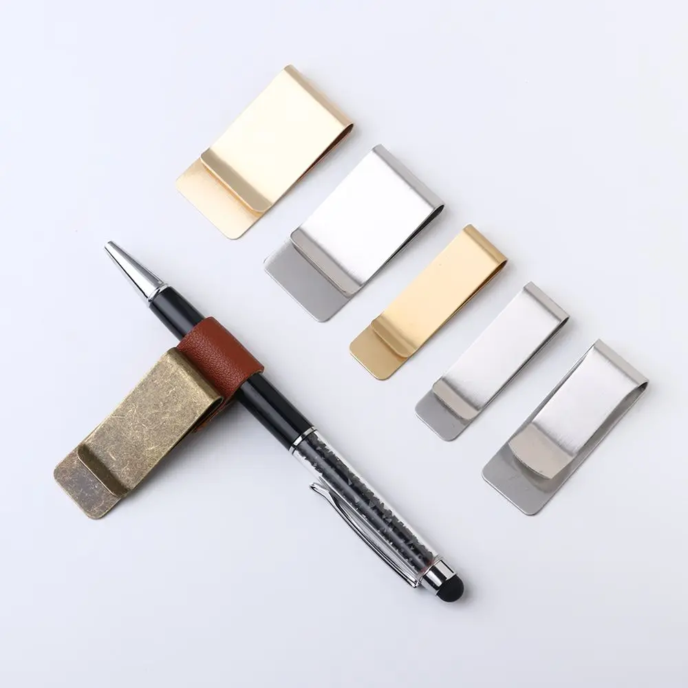 Stainless Steel Handmade Leather Brass Clips Stainless Steel Pen Holder Clip Journal Notebook Paper Folder School Office Supply